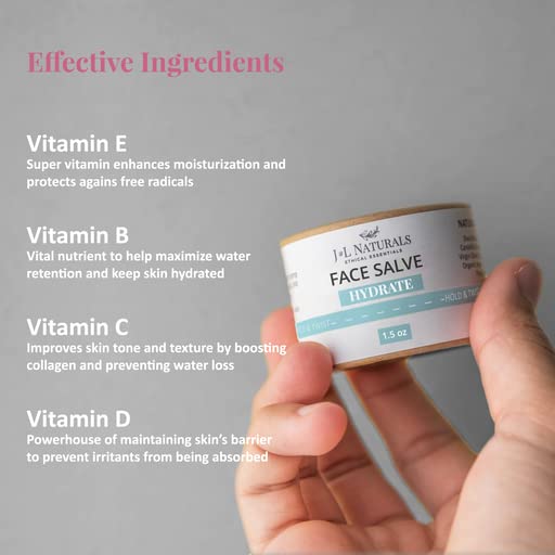 J&L Naturals Hydrating Face Salve Moisturizer for Combination Skin & Oily Skin | Organic Ingredients, 100% Natural | Cruelty Free, Vegan, Paraben Free (1-Pack) (Hydrate, 1.5 Oz (Pack of 5))
