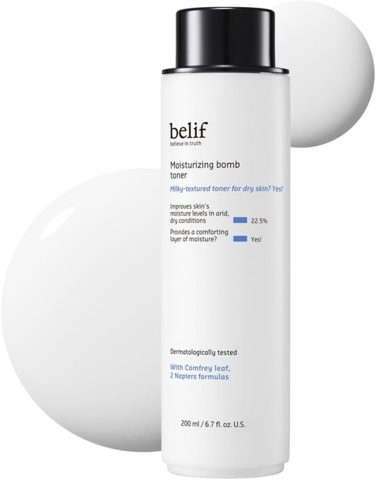 belif Moisturizing Bomb Hydrating Toner - Ceramide Milky Texture, Strengthens Skin Barrier, Soothing & Repair Serum Essence, Ultra-Hydrating 2-in-1 Toner & Moisturizer, Korean Skincare, 5.07 Fl Oz