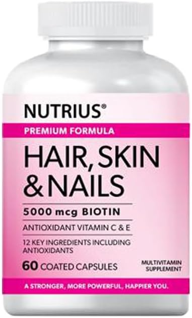 Nutrius Hair, Skin & Nails 5000 mcg Biotin with Antioxidant Vitamin C & E - 60 Coated Capsules