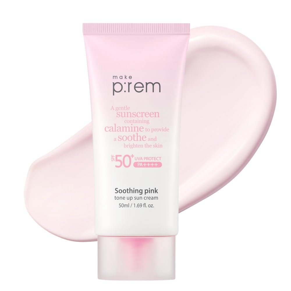 MAKE P:REM Soothing Pink Tone Up Sunscreen, Mineral Sun Care for Dehydrated Skin, Lightweight, Non-Greasy Formula, Skin Tone Correction, Korean Sunscreen, SPF 50, 1.69 fl.oz. (50ml)