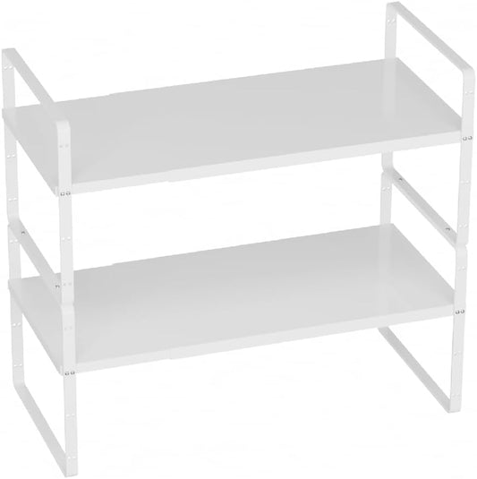Slideep Expandable Counter Organizer Shelf, Stackable Cabinet Shelves Organizer Storage Rack Cupboard Stand Spice Rack for Kitchen Bathroom Pantry White -2 Set