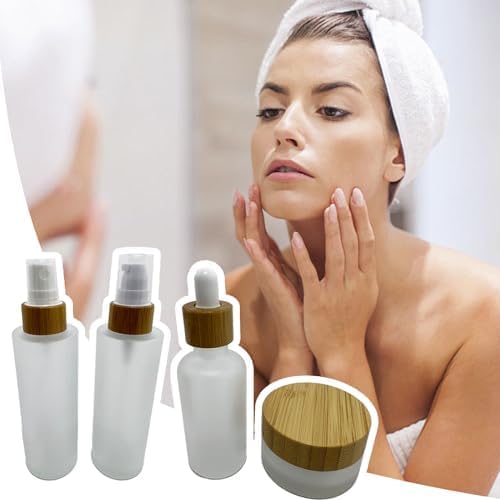 Empty Refillable Frosted Glass Cosmetic Containers with Bamboo Cover - 5 Pack, Spray Bottle, Lotion Pump, Dropper, Roller and Cream Jar for Cosmetic Storage with Tray