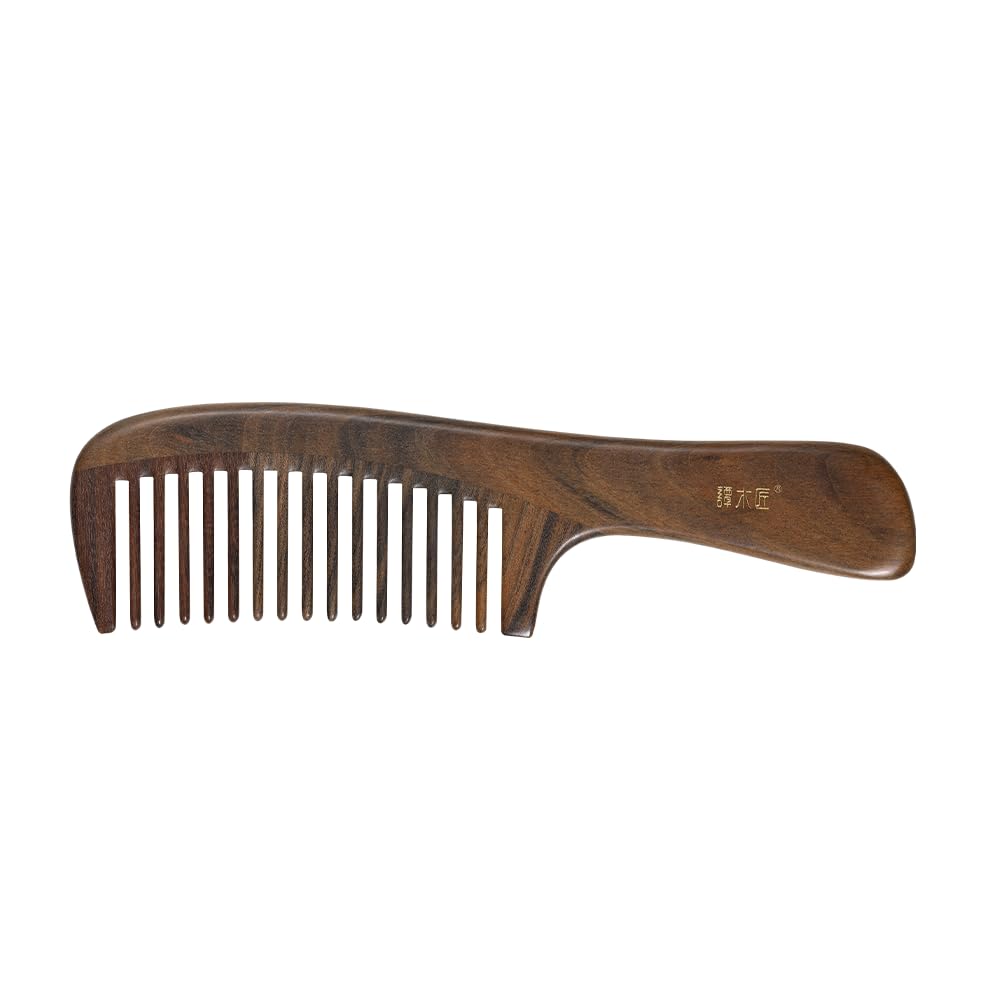 TAN MUJIANG Natural Wood Comb with Handle - CGB0202 Ergonomic Grip & Palm-Fit Arch Anti-Static Detangling Luxury Gift Set