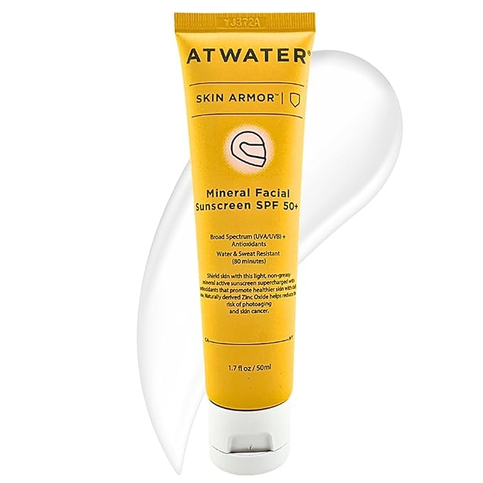 ATWATER Skin Armor Mineral Face Sunscreen SPF 50+, Ultra Light All-in-One Sunblock Moisturizer for Men and Women, Water & Sweat Resistant - 1.7 oz