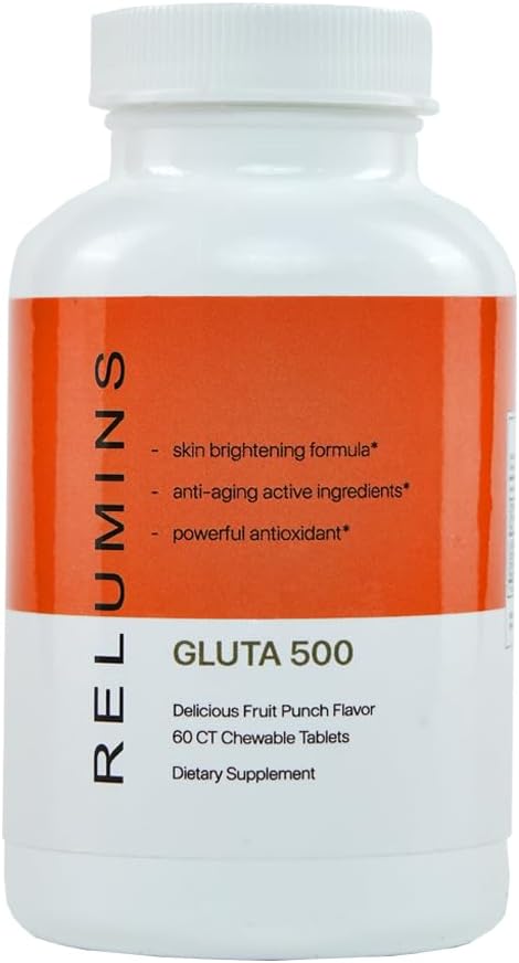 Relumins Gluta 500 - Chewable/Sublime Wall Glutathione Complex with Advanced Skin Nutrition - Hyaluronic Acid, VIT C, Biotin Plus 4 Powerful Actives - Fruit Punch Flavored - 60CT