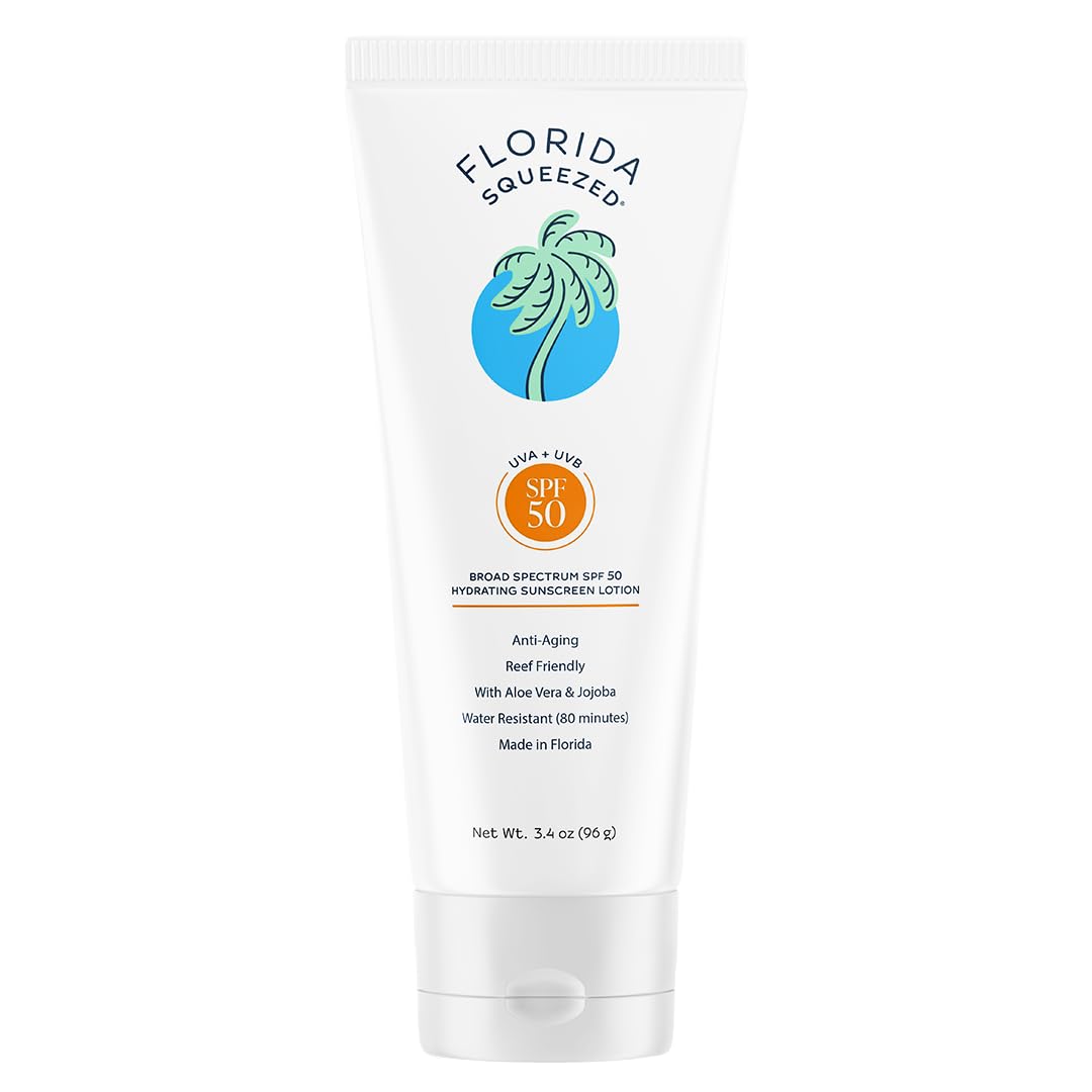 Florida Squeezed SPF 50 Hydrating Sunscreen Lotion | 3.4 oz | Ultra-Hydrating, Non-Greasy Face and Body Lotion. Hawaii 104 Reef Act Compliant (Octinoxate & Oxybenzone Free)