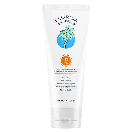 Florida Squeezed SPF 50 Hydrating Sunscreen Lotion | 3.4 oz | Ultra-Hydrating, Non-Greasy Face and Body Lotion. Hawaii 104 Reef Act Compliant (Octinoxate & Oxybenzone Free)