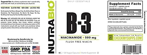 NutraBio Niacinamide Supplement for Normalized Blood B3, 500mg 500mg - 120 Vegetable