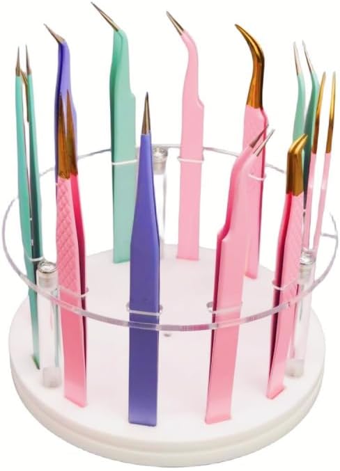 12 Holes Rotatable Acrylic Tweezers Holder, Grafting Eyelash Makeup Tweezer Stand Display Extensions Organizer Individual Training Tools (White)