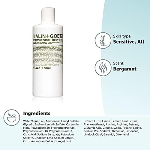 MALIN+GOETZ Hand + Body Wash | Gentle Foaming Cleanser with Botanical Extracts and Amino Acids | Hydrating, pH-Balanced, Unisex Scent | Vegan & Cruelty-Free (Bergamot, 16 Fl Oz)