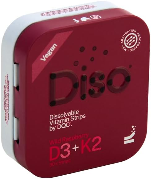 DISO - D3+K2 - Dissolvable Supplement Oral Strips, Wild Raspberry Flavor, Vegan, Sugar Free, Maximum Absorption, Gluten Free, Individually Wrapped, for Healthy Bones and Teeth, 30 Count