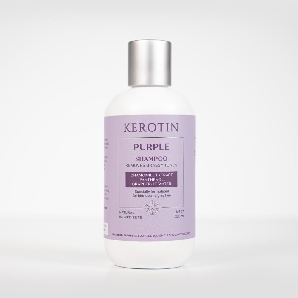 Kerotin Purple Shampoo and Conditioner Set for blond, silver, white, gray hair, and highlights. Removes brassy and yellow tones. Adds shine and moisture. Free of sulfates, parabens, sodium chloride, and silicones. Made in the USA.