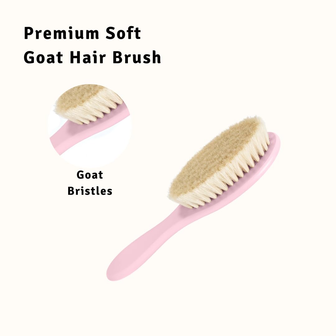 Baby Hair Brush - Ultra Soft Goat Bristles - Wooden Cradle Cap Brush for Newborns, Infants, Toddlers - Gentle Scalp Grooming and Styling for Baby Girls and Boys (Rosa)