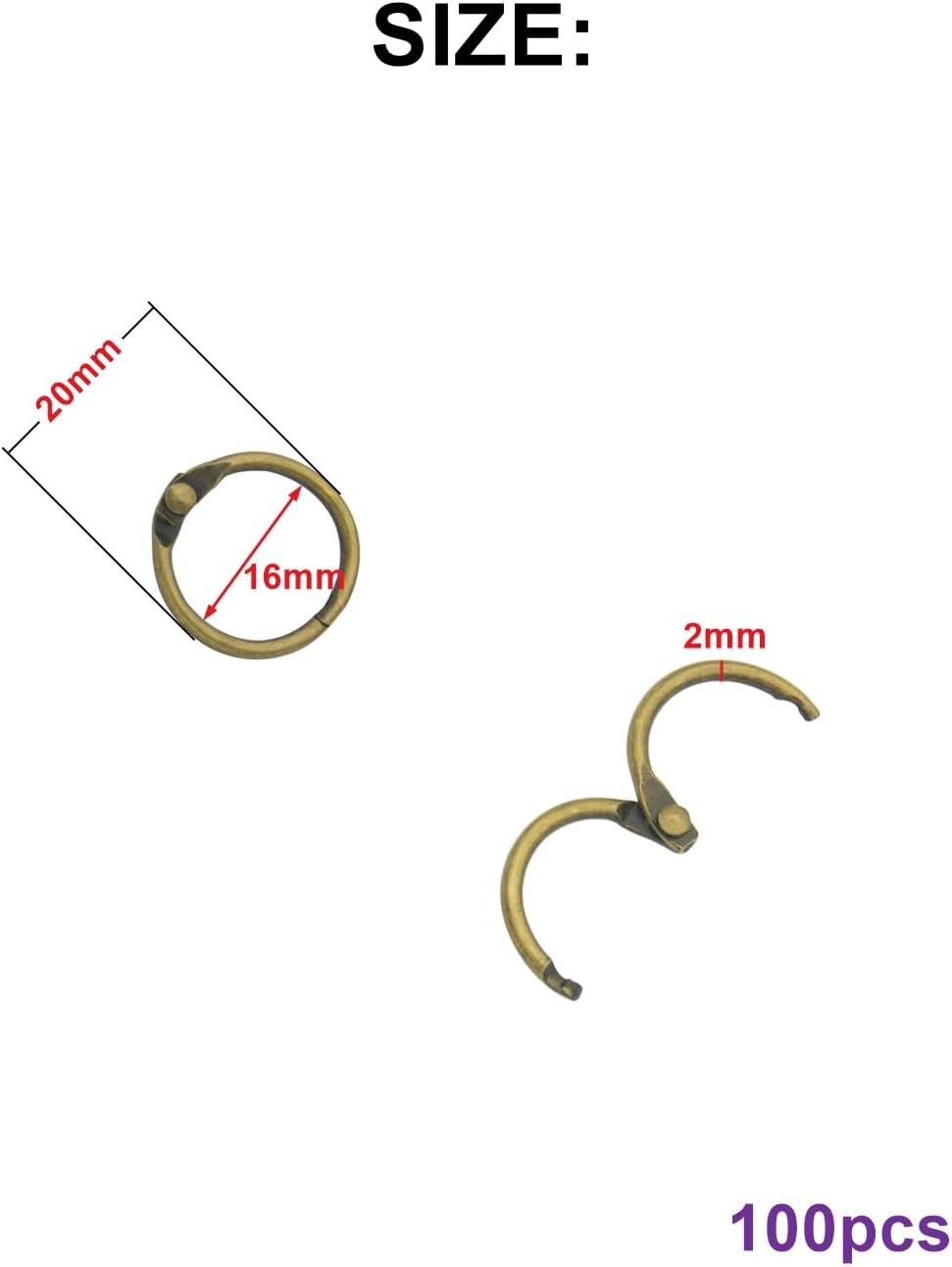 Loose Leaf Binder Rings Inner Dia: 0.65 inch(16mm) 100pcs Metal Bronze Book Binder Rings Paper Rings Clips Key Rings Index Cards Rings Great for Home School Office
