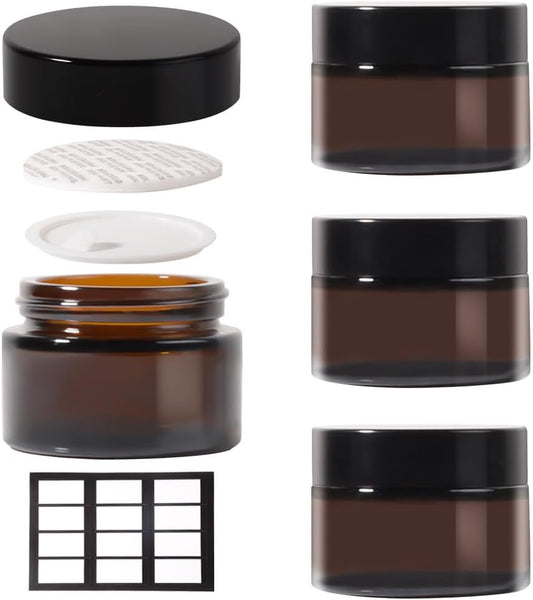 4 pack 1oz Glass Jars Round Empty Cosmetic Containers, Refillable Glass Jars with Lids for Face Creams, Lotions, Powders,Salves Ointments,Potravel Storage