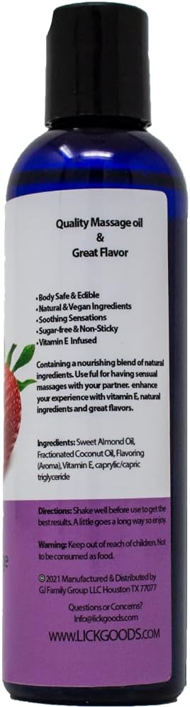 Lick Strawberry Flavored Massage Oil with Natural Vitamin E - Aromatherapy & Moisturizing Body Oil for Relaxing Muscle Massage - Essential Non-Sticky Skin Therapy for Men and Women - 4 oz