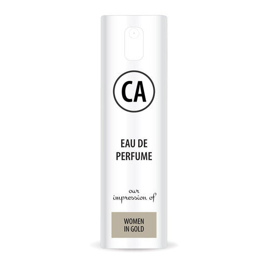 CA Perfume Impression of Women In Gold Eau De Parfum Chypre Floral Scent Long Lasting Perfumes for Women Travel Size TSA Ready for Day and Night Wear 0.33 Fl Oz 10ml