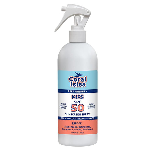 Coral Isles by Rocky Mountain Sunscreen | SPF 50 KIDS Spray | Broad Spectrum UVA/UVB Protection | Hawaii Reef-Safe Act Compliant | Oxybenzone & Octinoxate Free | Water Resistant 80 Min. | 16 Fl Oz