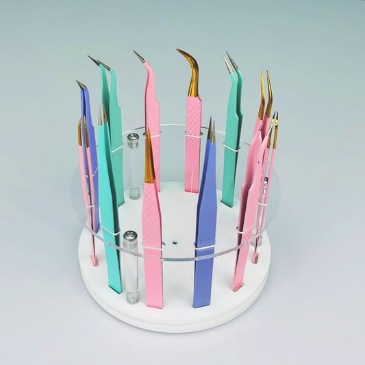 12 Holes Rotatable Acrylic Tweezers Holder, Grafting Eyelash Makeup Tweezer Stand Display Extensions Organizer Individual Training Tools (White)