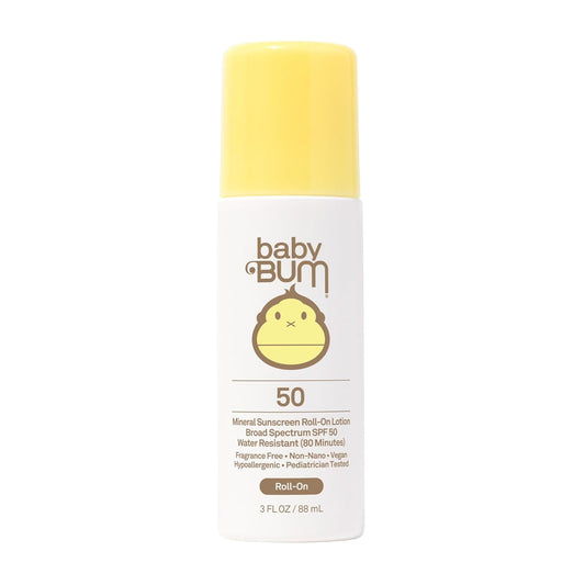Sun Bum Baby Bum Mineral SPF 50 Roll-On Sunscreen - Vegan and Hawaii 104 Act Compliant (Without Octinoxate & Oxybenzone) - Broad Spectrum Moisturizing UVA/UVB - Travel Size - 3 oz