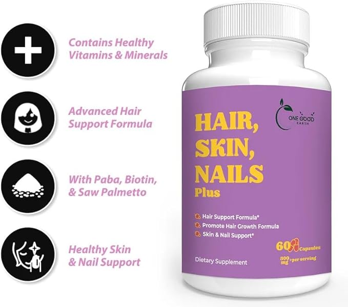 Hair, Skin & Nails Plus (60 Capsules) 500mg+ with Biotin, Vitamins & Minerals, Saw Palmetto with Vitamins A, C, D and E