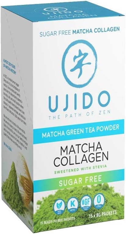Ujido Matcha Collagen, 8g x 15 Packets – Sugar-Free Japanese Matcha Powder – Sweetened with Stevia