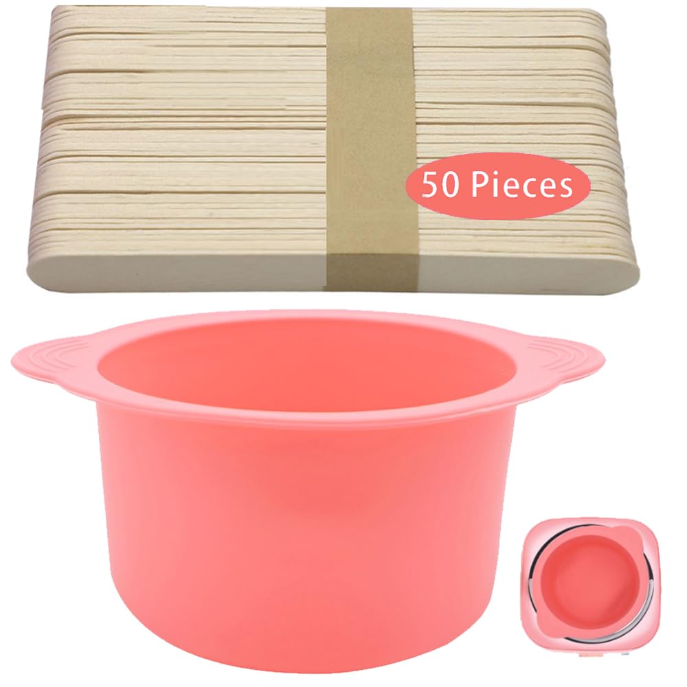 Silicone Wax pot Liner, Silicone Wax Bowl Warmer liner, Non-Stick Melt Pot Replacement, Reusable Melt Liner with 50 Pcs Waxing Sticks Body Hair Removal 14 oz Pink