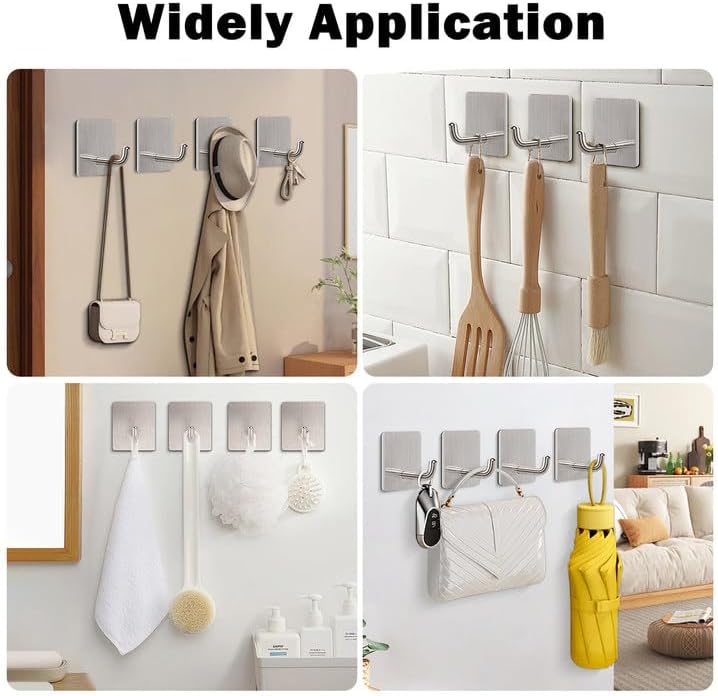 Livabber Adhesive Towel Hooks, 304 Stainless Steel Self Sticky Wall Hooks Waterproof Shower Hooks for Robe/Clothes, No Drilling Towel Hangers for Bathroom Kitchen Bedroom (Brushed Nickel, 6 Packs)