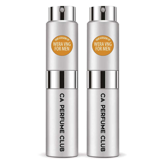 CA Perfume Impression of Vera W For Men Woody Spicy Scent Long Lasting Cologne for Men Eau De Parfum Travel Size Refillable Atomizer Spray 0.27 Fl Oz 8ml (Set of 2)