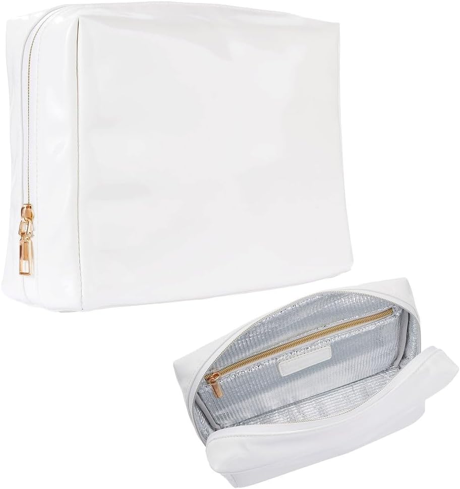 Stay Golden Insulated Waterproof Makeup Bag for Women Heat-Resistant Travel Cosmetic & Toiletry Bag | Luxurious Vegan Leather Portable Makeup Organizer - (Gold Zipper, White)