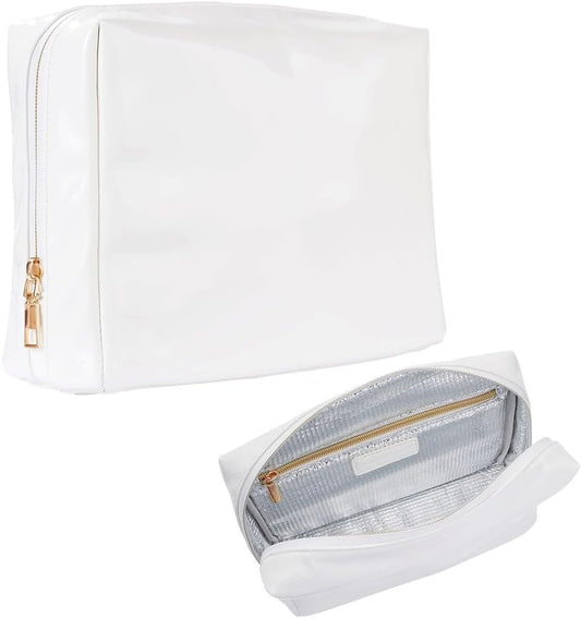 Stay Golden Insulated Waterproof Makeup Bag for Women Heat-Resistant Travel Cosmetic & Toiletry Bag | Luxurious Vegan Leather Portable Makeup Organizer - (Gold Zipper, White)