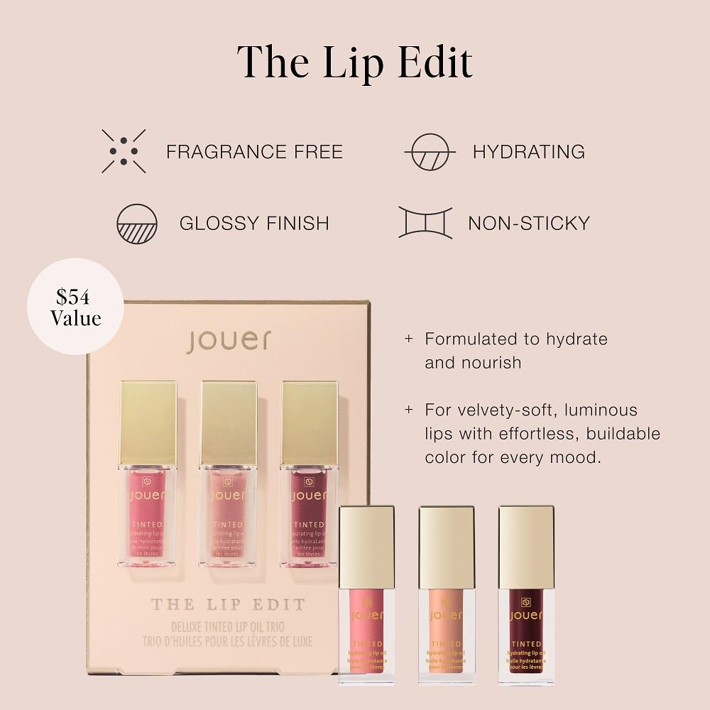 Jouer The Lip Edit Deluxe Tinted Lip Oil Trio, Hydrating, High Shine, Non-Sticky Set with Apricot, Jojoba, Vitamin E, Makeup Gift, 3 Shades