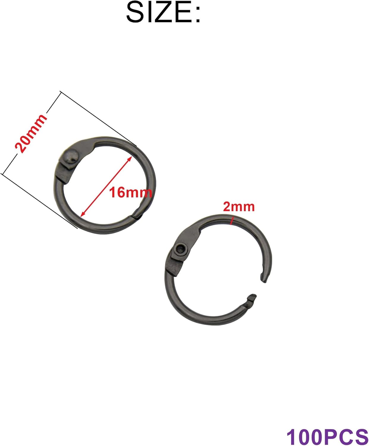 Loose Leaf Binder Rings Inner Dia: 0.65 inch(16mm) 100pcs Metal Gun Black Book Binder Rings Paper Rings Clips Key Rings Index Cards Rings Great for Home School Office