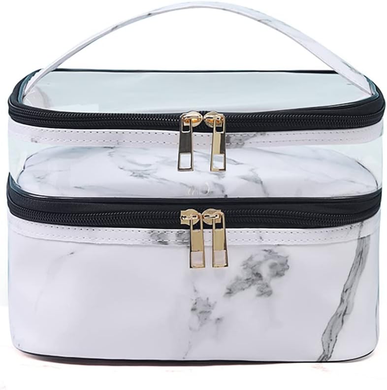 FITINI Makeup Bags Double Layer Travel Storage Cosmetic Cases Make up Organizer Toiletry Bags Water-resistant for Women Makeup Brush Bag,White Marble