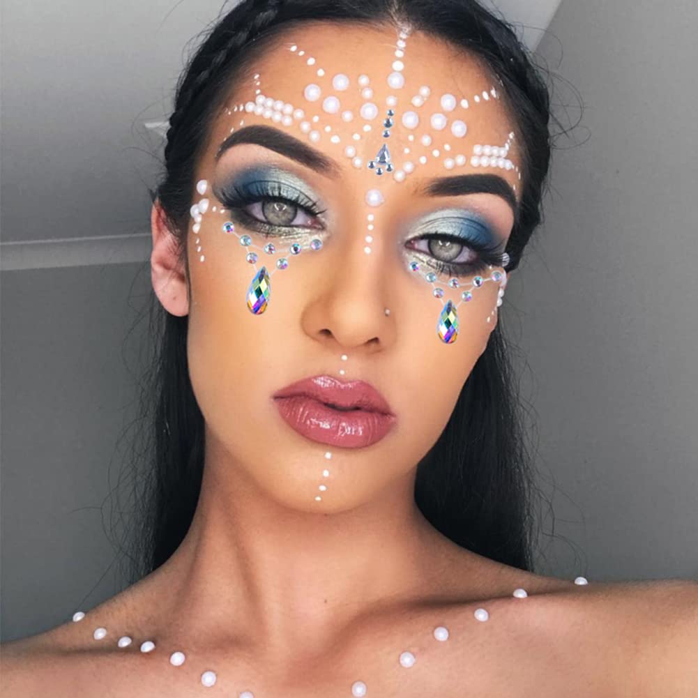 8 Sheets Face Gems Jewels for Makeup 20 Colors Rhinestones Hair Pearls Eye Gems Stick On, Body Jewels Nail Art Festival Party Rave Accessories for Women