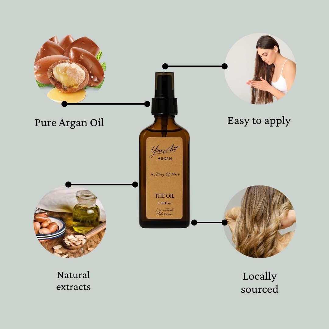 YouArt Organic Argan Hair Oil, Limited Edition, 3.88 fl.oz, Nourishing Treatment for Dry Hair