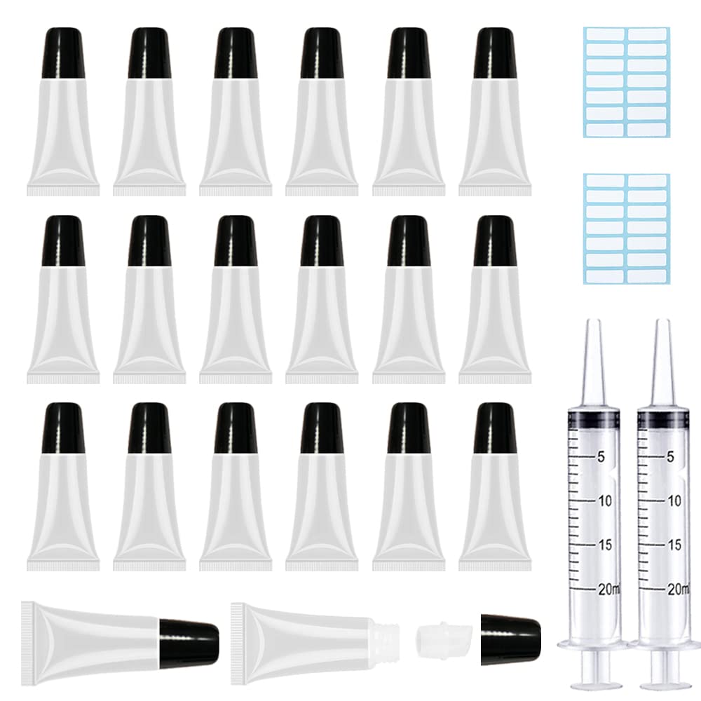 AMORIX 50PCS Lip Gloss Tubes 5ml Black Cap Refillable Cosmetic Syringes + Labels for DIY Lip Gloss Base Glitter