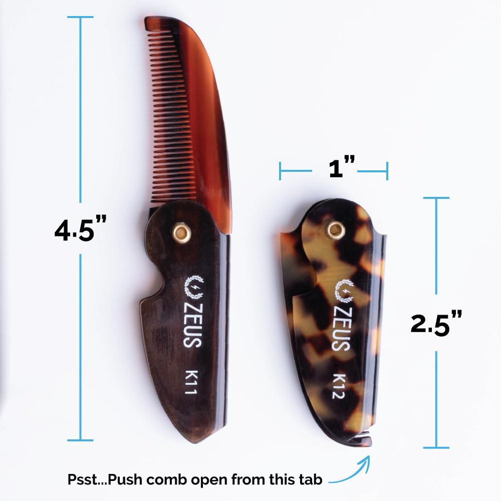 ZEUS Folding Mustache Comb for Men, Handmade Saw-Cut Pocket Comb for Men’s Beard & Moustache Grooming, Compact & Travel Friendly (Tortoiseshell) 3 PACK