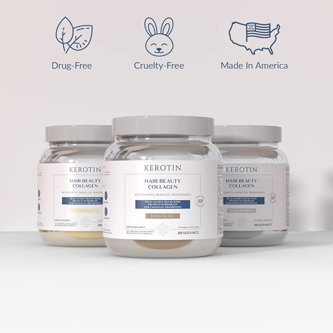 Kerotin Hair Beauty Collagen Multi-Blend Powder Supplement. Supports Hair Growth & Scalp Elasticity. Improves Skin, Bone & Nails Health. Free of Artificial Sweeteners & Flavors. Made in USA(Chocolate)