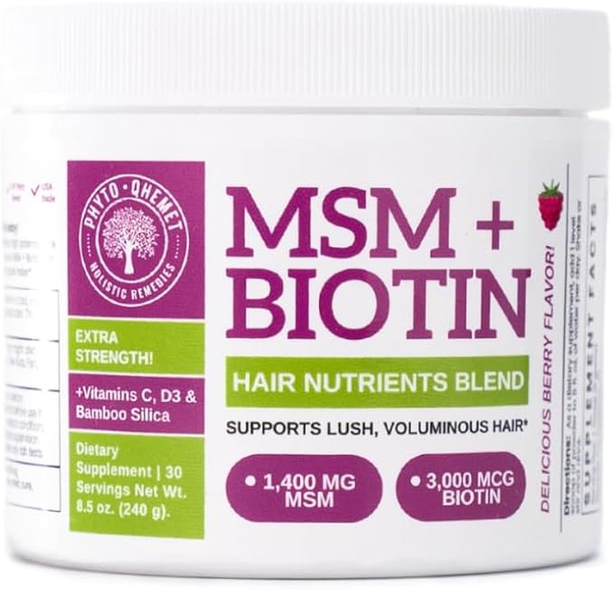 Qhemet Biologics MSM + Biotin Hair Nutrient Blend - Hair Vitamins Powder to Support Lush Volume - Bamboo Silica & Vitamins D3 + B12 for Hair Health - Jumpstart Your Rapid Hair Growth Journey (8.5 oz)