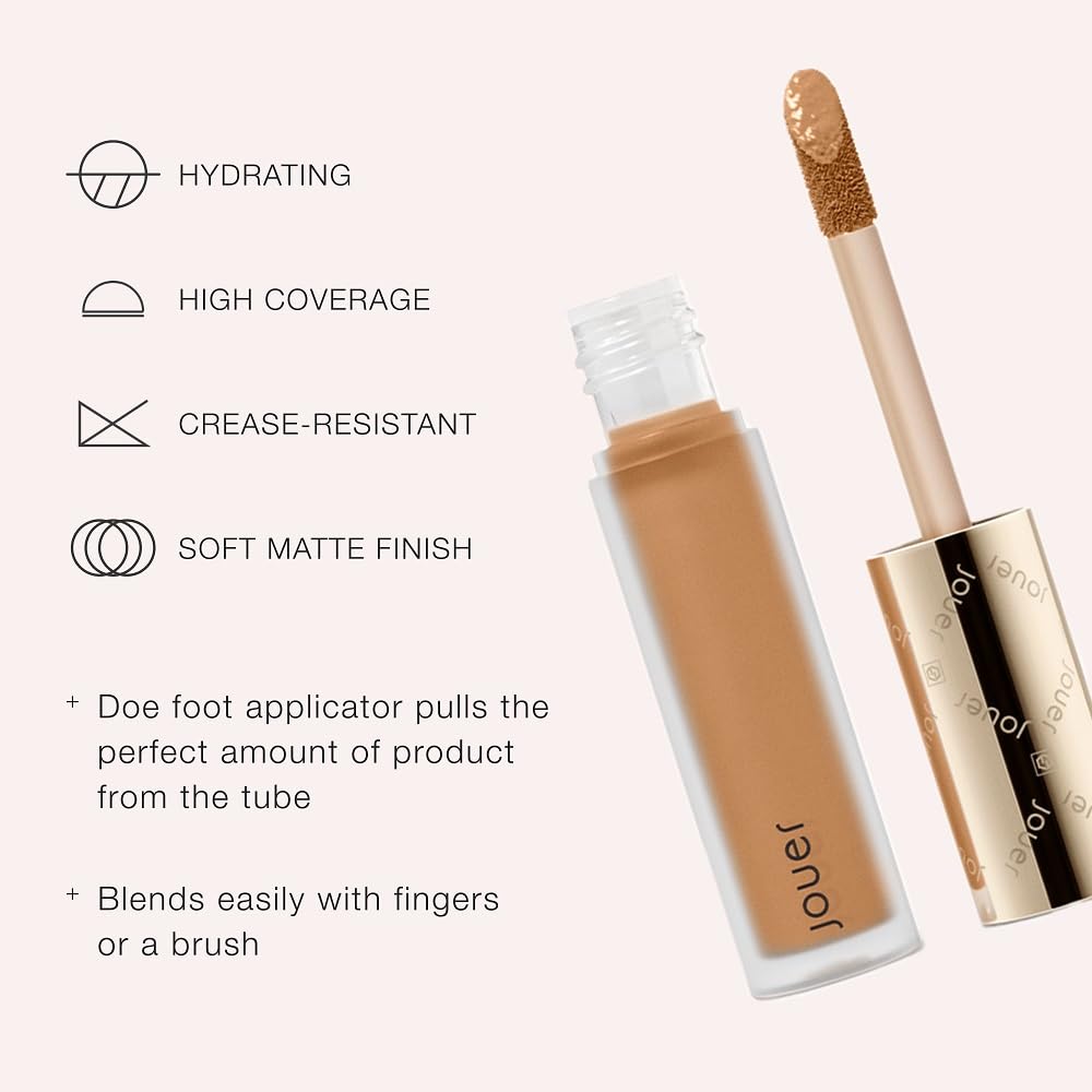Jouer Essential High Coverage Liquid Concealer - Brightening Concealer - Color Corrector for Under Eye Dark Circles, Spot Coverage, and Eye Primer - Soft Matte Finish, Creme