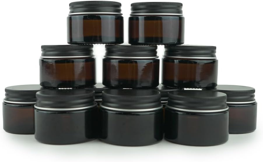 Glass Amber 1oz Jar - 12 Packs, Empty Round Jars For Beauty Products, Lotion, and Powders - Black Lid - Small Candle Jars