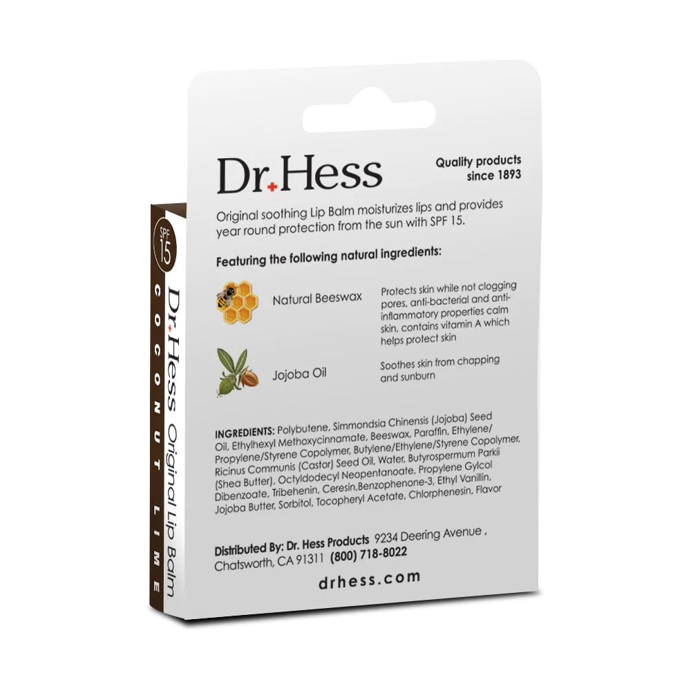 Dr. Hess Original Udder Stick SPF Lip Balm, Soothing Moisturizer Sun Screen Balm for Dry Lips with Jojoba, Beeswax & Shea Butter, Total Lip Care, Hydration & Repair, Coconut-Lime Flavor, 4 Pack