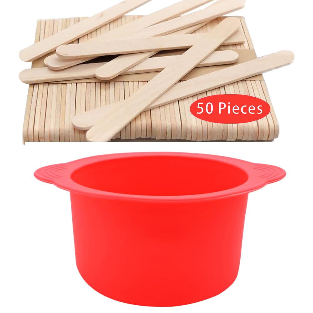 Silicone Wax pot Liner, Silicone Wax Bowl Warmer liner, Non-Stick Melt Pot Replacement, Reusable Melt Liner with 50 Pcs Waxing Sticks Body Hair Removal 14 oz Red