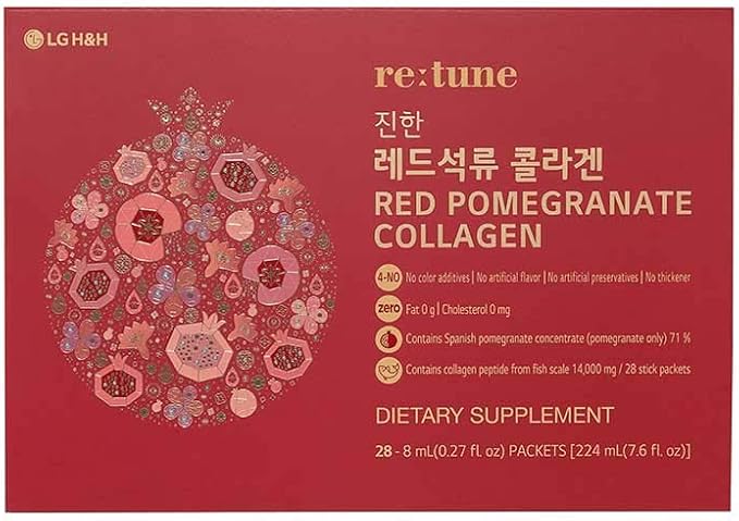 LG H&H re:tune Red Pomegranate Collagen I Liquid Collagen Supplement, Pomegranate Concentrate, Fish Scale Collagen Peptide 500 mg, Red Ginseng Concentrate, Hyaluronic Acid Vitamin C, 28 Packets