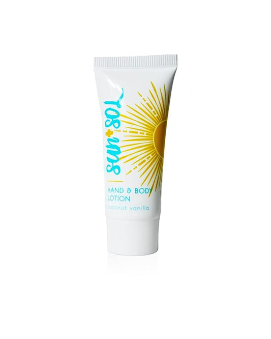Sun + Sol Bulk Luxurious Hand & Body Lotion With Warm Coconut & Vanilla Fragrances, Travel Size Toiletries, Mini Hotel Amenities, 0.7 oz, 50 Count