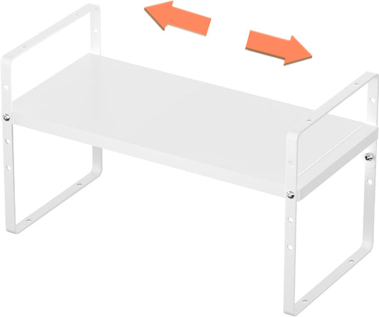 Slideep Expandable Cabinet Shelf 16.54'' to 27.17'', Stackable Cupboard Stand Spice Rack Kitchen Bathroom Pantry Cupboard Home Office for Cups, Dishes, Plates, Seasoning Bottles -White