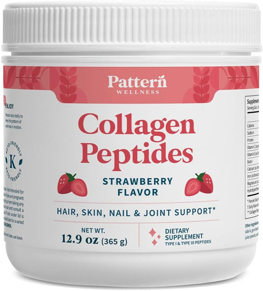 Pattern Wellness Collagen Peptides Powder (Type I & III) - Hair, Nails, Skin & Joint Support - Grass Fed & Pasture-Raised - Hydrolyzed, Non-GMO, Dairy Free, & Keto-Friendly - Strawberry (13 Oz)