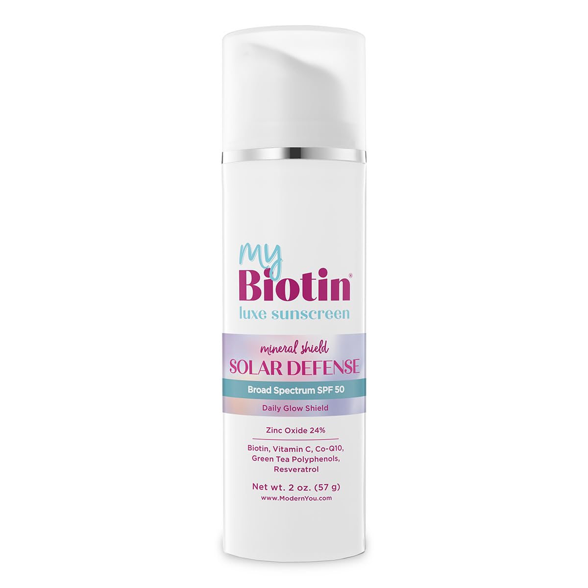 MyBiotin Luxe Sunscreen – Daily Glow Shield, Mineral SPF 50 Face Sunscreen - 24% Zinc Oxide, Biotin, Vitamin C, CoQ10, Polyphenols & Resveratrol – Anti-Aging, Broad Spectrum Sun Protection, 2 oz.