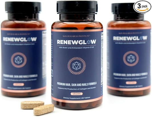 Skin Research Institute Renewglow Biotin Supplement - Vegan Friendly - Healthy Skin, Nail, and Hair 3 Pack